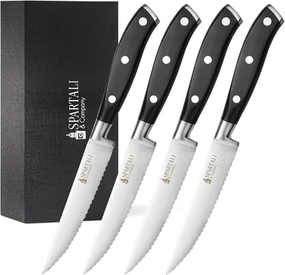 Premium 4.5-Inch Steak Knife Set of 4 – Serrated Stainless Steel Blades with Ergonomic Handles – Razor-Sharp Cutlery for Effortless Meat Slicing – Dishwasher Safe, Rust-Resistant.