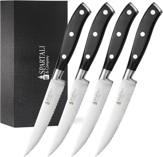 Premium 4.5-Inch Steak Knife Set of 4 – Serrated Stainless Steel Blades with Ergonomic Handles – Razor-Sharp Cutlery for Effortless Meat Slicing – Dishwasher Safe, Rust-Resistant.
