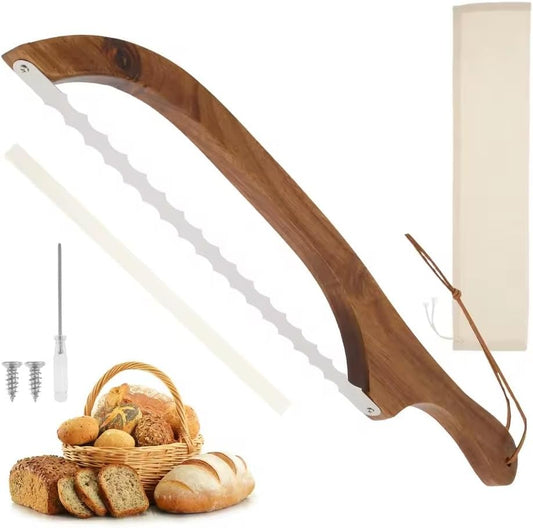 Wooden Bread Bow Cutter Serrated Bagel Cutter Sourdough Bread Slicer Portable Bread Cutting Tool Kitchen Baking Pastry Tool blade length：10.5in
