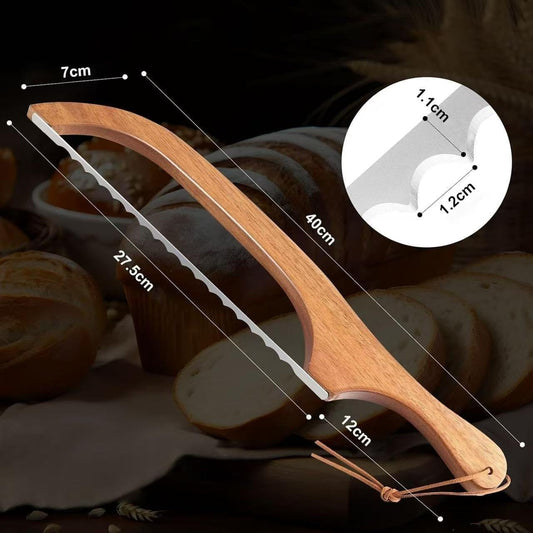 Wooden Bread Bow Cutter Serrated Bagel Cutter Sourdough Bread Slicer Portable Bread Cutting Tool Kitchen Baking Pastry Tool blade length：10.5in
