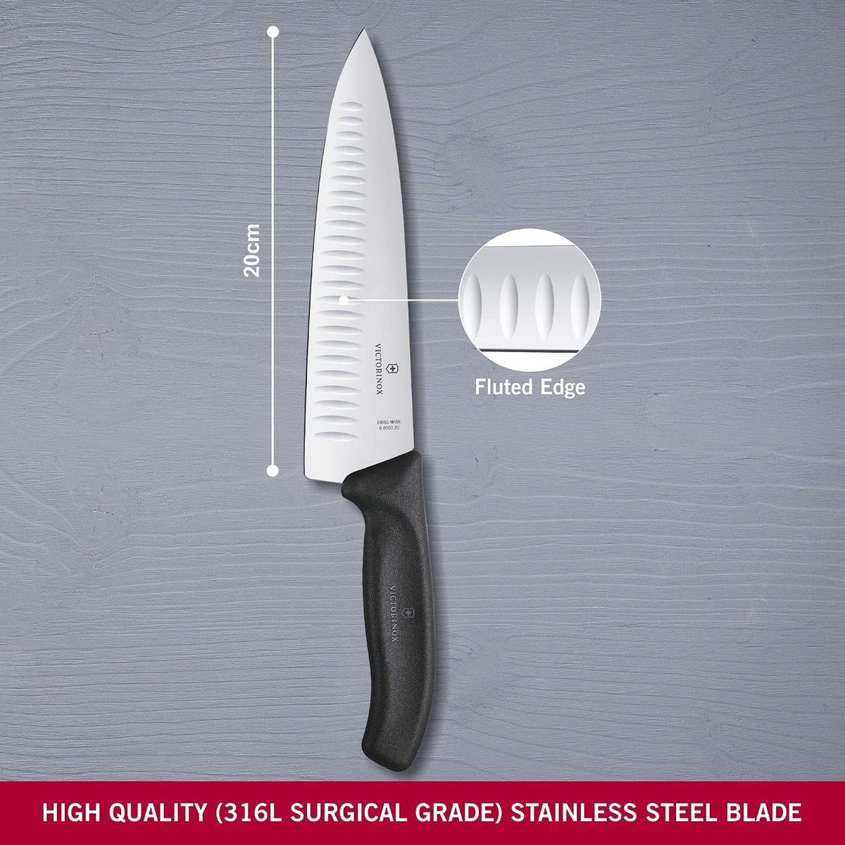 Swiss Classic 8 Inch Chef's Knife with Granton Blade, Stainless Steel, Black