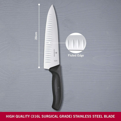 Swiss Classic 8 Inch Chef's Knife with Granton Blade, Stainless Steel, Black