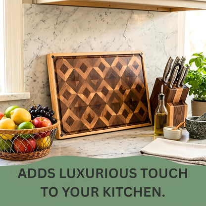 Walnut Oak Rosewood End Grain Cutting Board - 14x16 Large Wooden Butcher Block with Juice Grooves, Non-Slip Feet & Built-in Compartments - Reversible Board for Kitchen Decor & Charcuterie