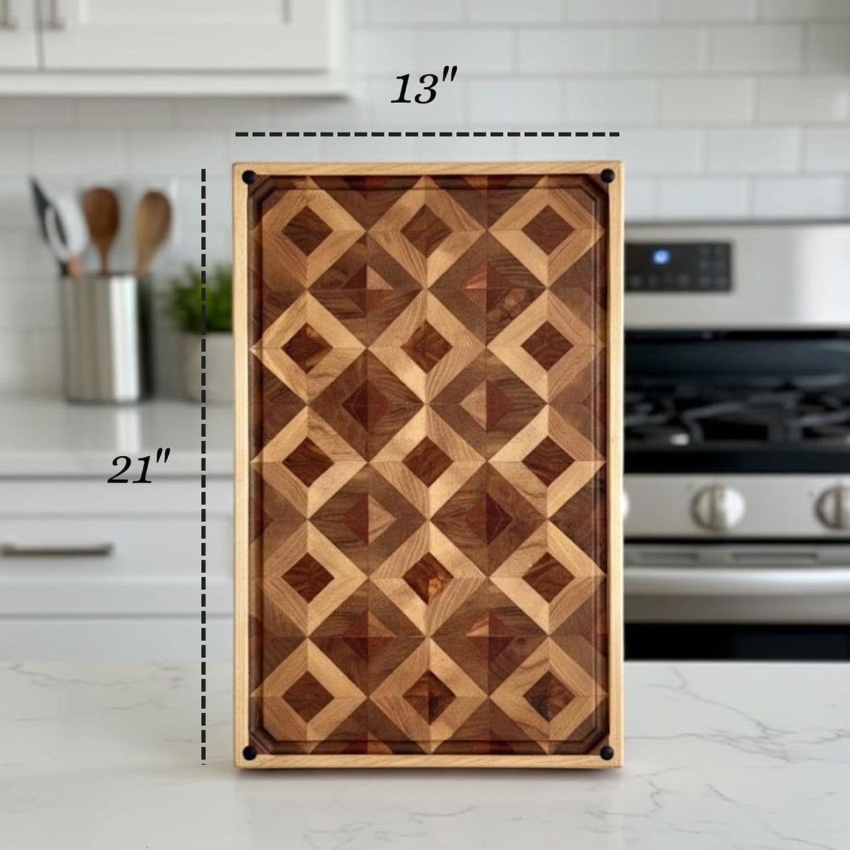 Walnut Oak Rosewood End Grain Cutting Board - 14x16 Large Wooden Butcher Block with Juice Grooves, Non-Slip Feet & Built-in Compartments - Reversible Board for Kitchen Decor & Charcuterie