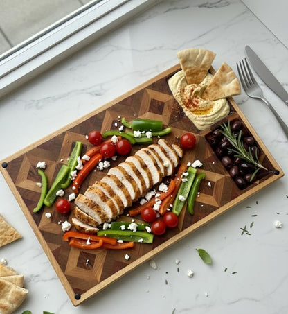 Walnut Oak Rosewood End Grain Cutting Board - 14x16 Large Wooden Butcher Block with Juice Grooves, Non-Slip Feet & Built-in Compartments - Reversible Board for Kitchen Decor & Charcuterie