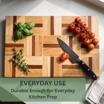Walnut Oak Rosewood End Grain Cutting Board - 14x16 Large Wooden Butcher Block with Juice Grooves, Non-Slip Feet & Built-in Compartments - Reversible Board for Kitchen Decor & Charcuterie