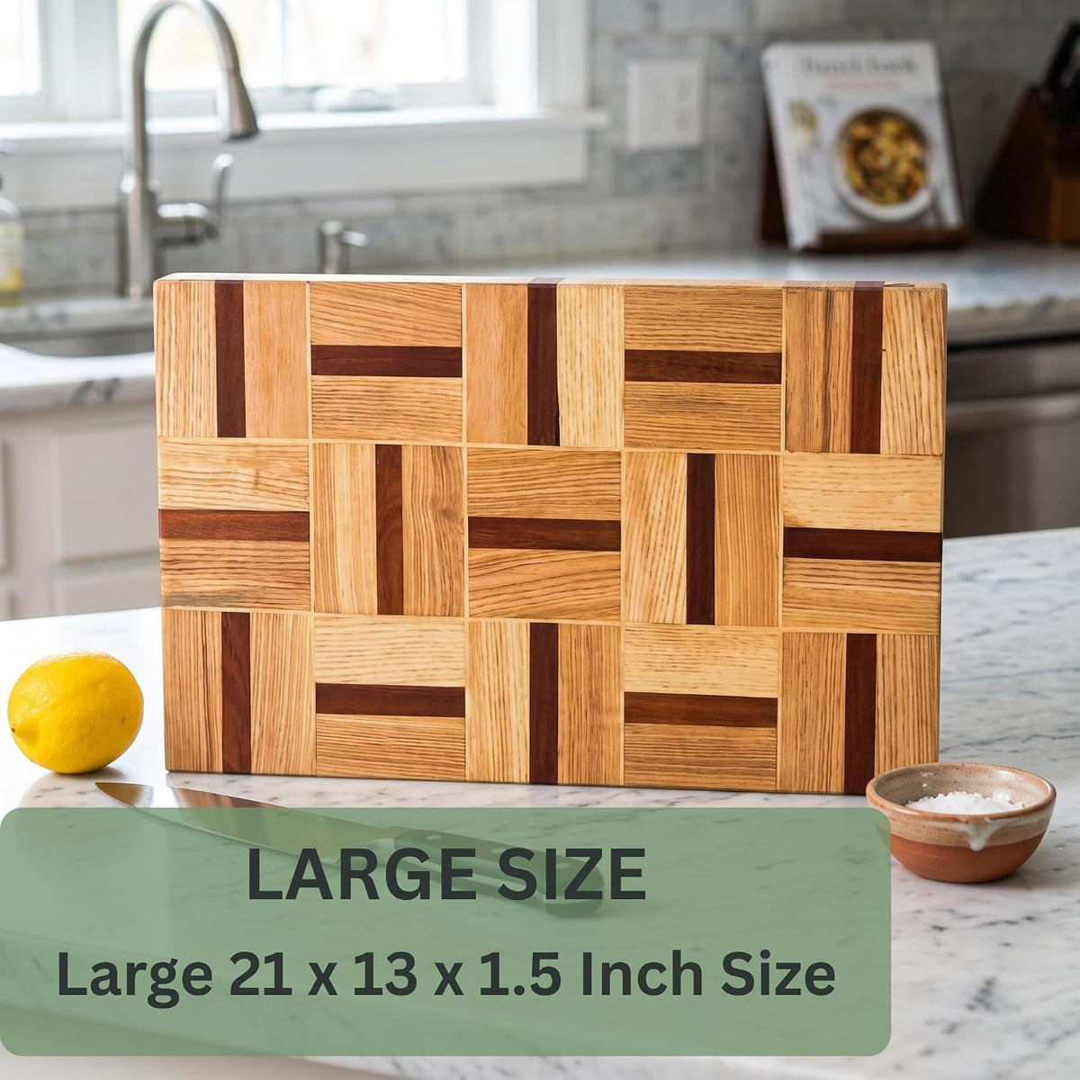 Walnut Oak Rosewood End Grain Cutting Board - 14x16 Large Wooden Butcher Block with Juice Grooves, Non-Slip Feet & Built-in Compartments - Reversible Board for Kitchen Decor & Charcuterie