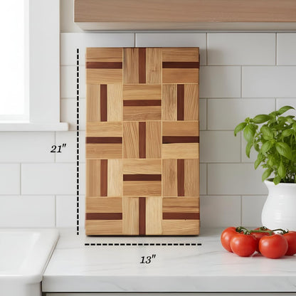 Walnut Oak Rosewood End Grain Cutting Board - 14x16 Large Wooden Butcher Block with Juice Grooves, Non-Slip Feet & Built-in Compartments - Reversible Board for Kitchen Decor & Charcuterie