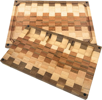 Walnut Oak Rosewood End Grain Cutting Board - 14x16 Large Wooden Butcher Block with Juice Grooves, Non-Slip Feet & Built-in Compartments - Reversible Board for Kitchen Decor & Charcuterie