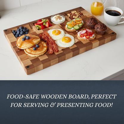 Walnut Oak Rosewood End Grain Cutting Board - 14x16 Large Wooden Butcher Block with Juice Grooves, Non-Slip Feet & Built-in Compartments - Reversible Board for Kitchen Decor & Charcuterie