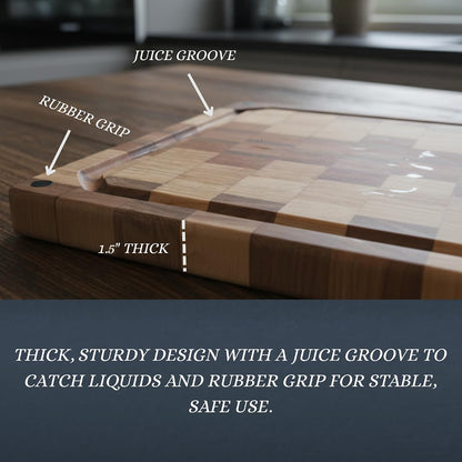 Walnut Oak Rosewood End Grain Cutting Board - 14x16 Large Wooden Butcher Block with Juice Grooves, Non-Slip Feet & Built-in Compartments - Reversible Board for Kitchen Decor & Charcuterie