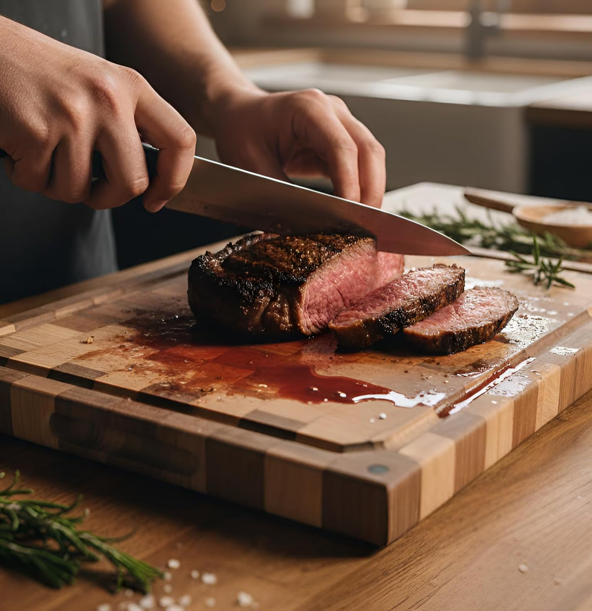 Walnut Oak Rosewood End Grain Cutting Board - 14x16 Large Wooden Butcher Block with Juice Grooves, Non-Slip Feet & Built-in Compartments - Reversible Board for Kitchen Decor & Charcuterie