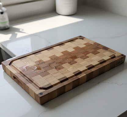 Walnut Oak Rosewood End Grain Cutting Board - 14x16 Large Wooden Butcher Block with Juice Grooves, Non-Slip Feet & Built-in Compartments - Reversible Board for Kitchen Decor & Charcuterie