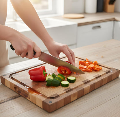 Walnut Oak Rosewood End Grain Cutting Board - 14x16 Large Wooden Butcher Block with Juice Grooves, Non-Slip Feet & Built-in Compartments - Reversible Board for Kitchen Decor & Charcuterie