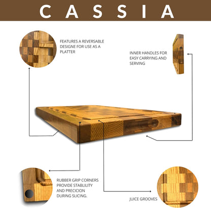 Walnut Oak Rosewood End Grain Cutting Board - 14x16 Large Wooden Butcher Block with Juice Grooves, Non-Slip Feet & Built-in Compartments - Reversible Board for Kitchen Decor & Charcuterie
