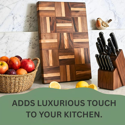Walnut Oak Rosewood End Grain Cutting Board - 14x16 Large Wooden Butcher Block with Juice Grooves, Non-Slip Feet & Built-in Compartments - Reversible Board for Kitchen Decor & Charcuterie