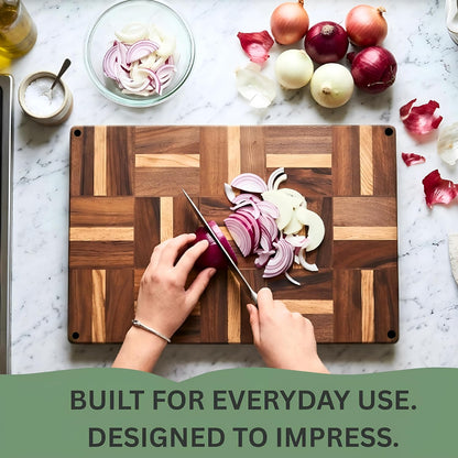 Walnut Oak Rosewood End Grain Cutting Board - 14x16 Large Wooden Butcher Block with Juice Grooves, Non-Slip Feet & Built-in Compartments - Reversible Board for Kitchen Decor & Charcuterie