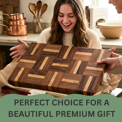 Walnut Oak Rosewood End Grain Cutting Board - 14x16 Large Wooden Butcher Block with Juice Grooves, Non-Slip Feet & Built-in Compartments - Reversible Board for Kitchen Decor & Charcuterie