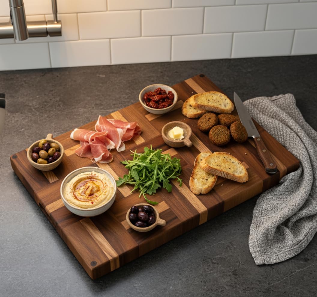 Walnut Oak Rosewood End Grain Cutting Board - 14x16 Large Wooden Butcher Block with Juice Grooves, Non-Slip Feet & Built-in Compartments - Reversible Board for Kitchen Decor & Charcuterie
