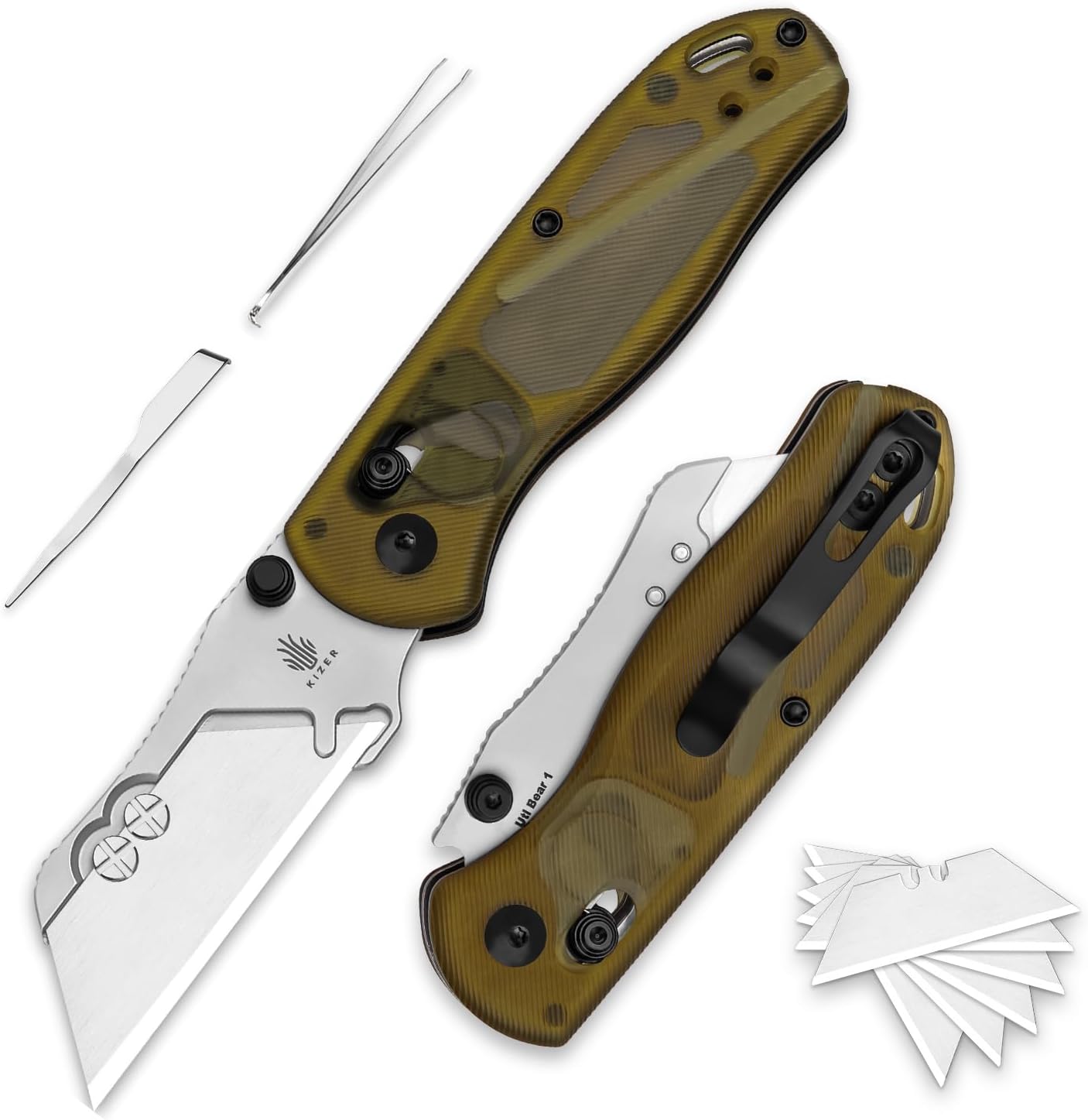 Uti Bear(Dual-screw) Folding Utility Knife, Clutch Lock Box Cutter | EDC Pocket knife with 5PCS Razor Blades, Pocket Knives with Pocket Clip for Men Women V3619JA3