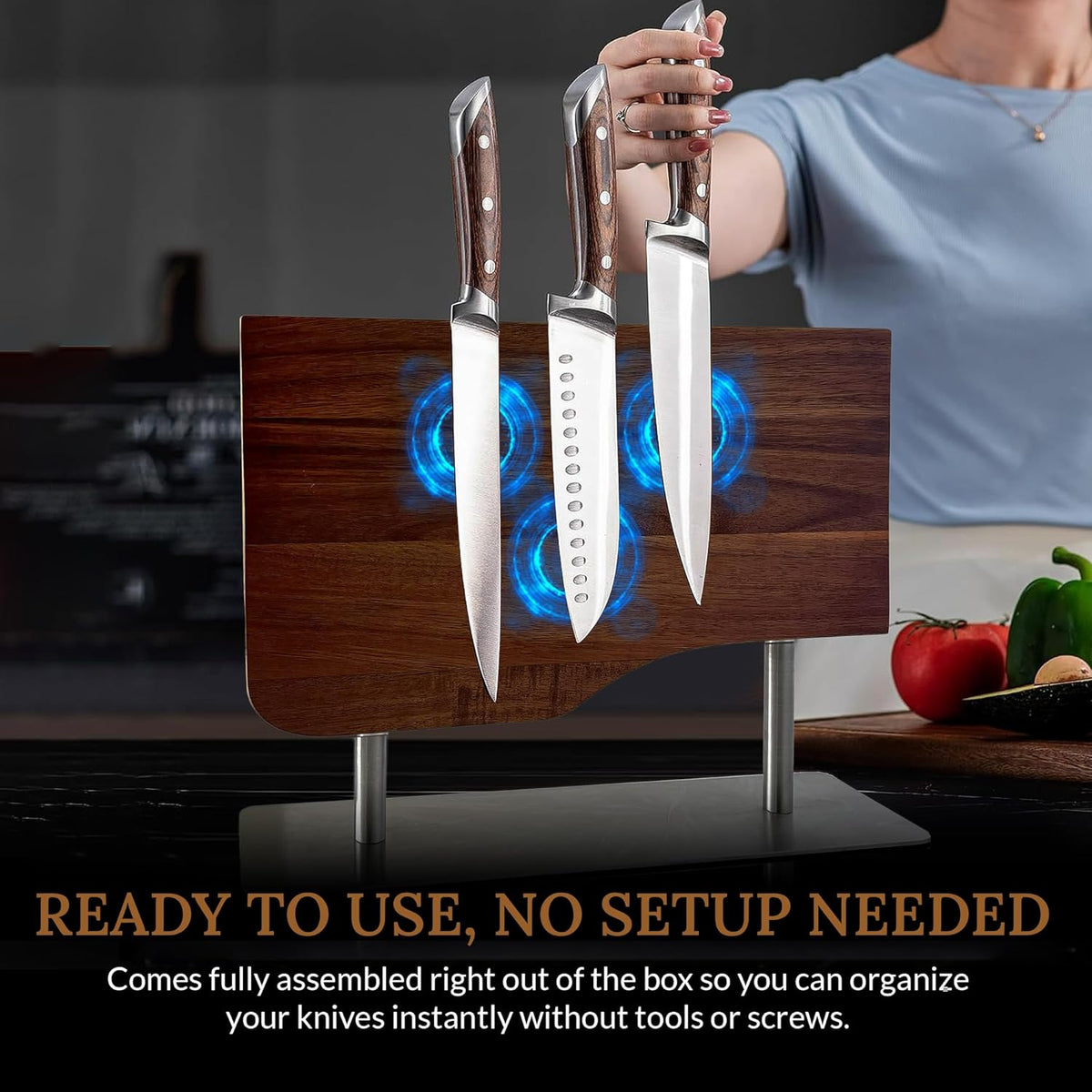 Magnetic Knife Block Double Sided Knife Holder Without Knives, Wooden Universal Knife Rack Storage Organizer Stand for Kitchen Counter or Cabinet, Strong Magnet Wood Knife Holder For Kitchen