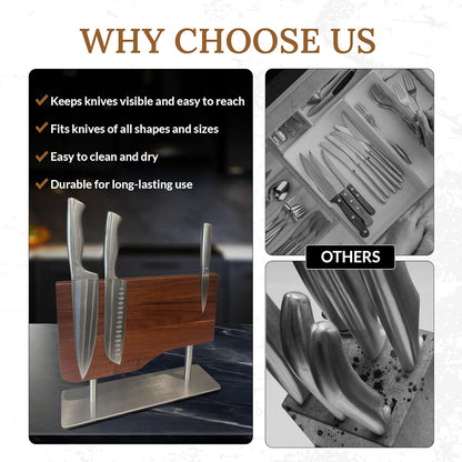 Magnetic Knife Block Double Sided Knife Holder Without Knives, Wooden Universal Knife Rack Storage Organizer Stand for Kitchen Counter or Cabinet, Strong Magnet Wood Knife Holder For Kitchen