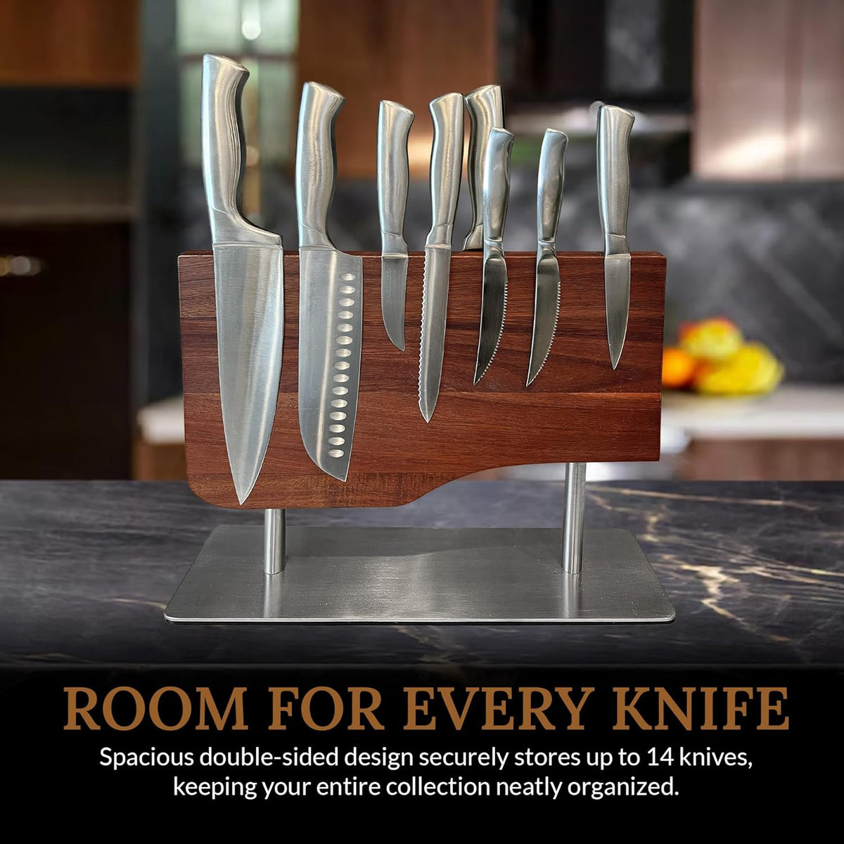 Magnetic Knife Block Double Sided Knife Holder Without Knives, Wooden Universal Knife Rack Storage Organizer Stand for Kitchen Counter or Cabinet, Strong Magnet Wood Knife Holder For Kitchen