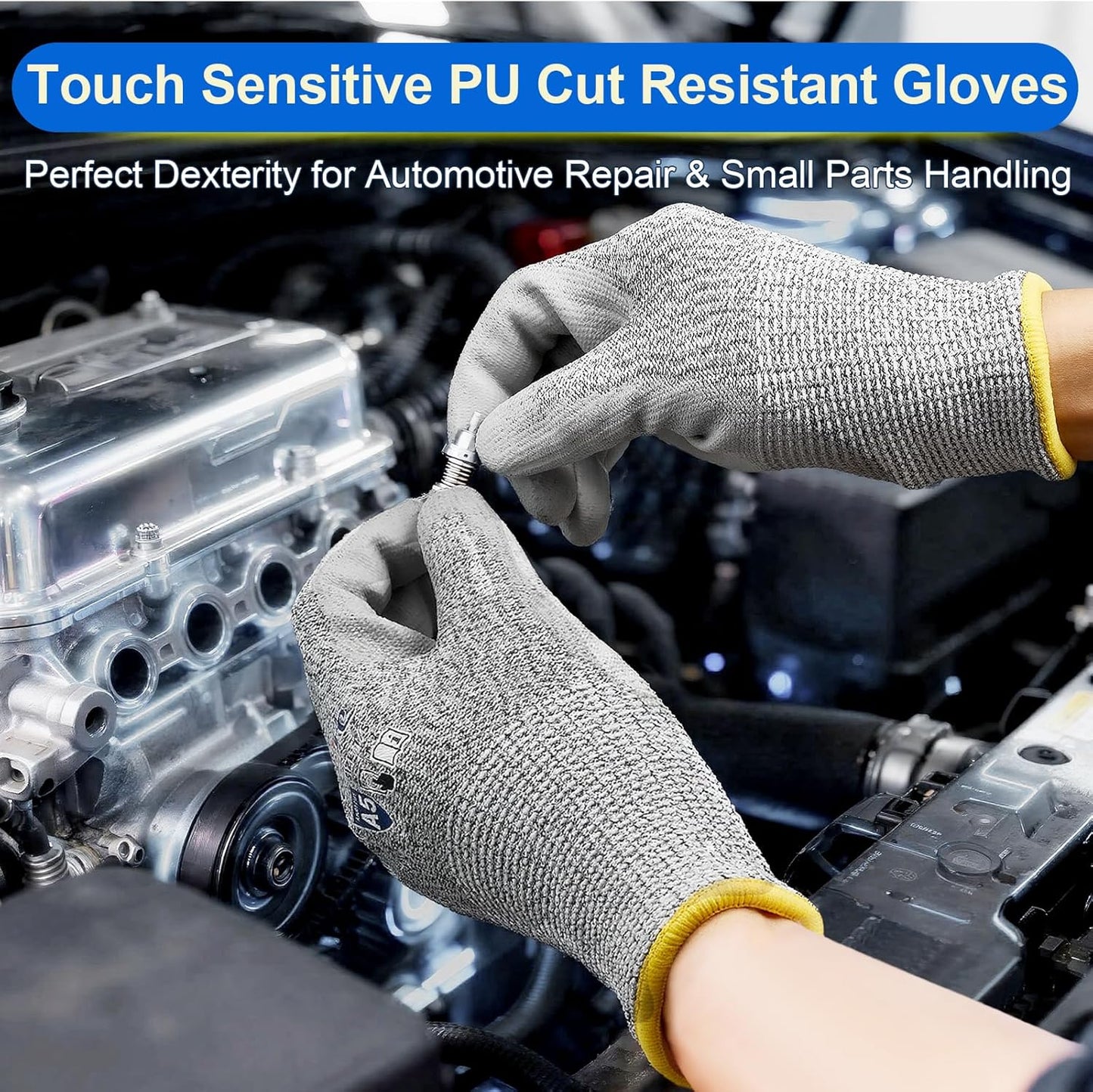 Cut Resistant Work Gloves for Men & Women - ANSI A5 & EN388 Level 4, Breathable PU Coated, Grey Non-Marking - for Gardening, Fishing, Automotive, Construction, Wood Carving (Large, Grey)
