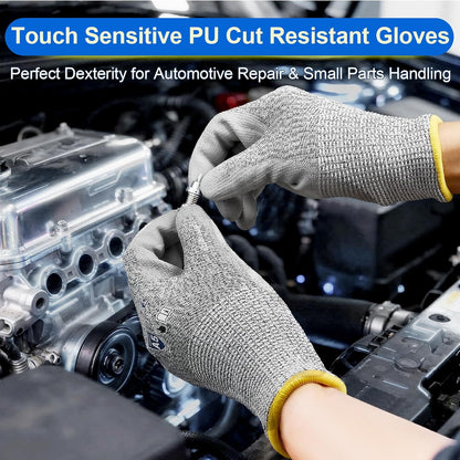Cut Resistant Work Gloves for Men & Women - ANSI A5 & EN388 Level 4, Breathable PU Coated, Grey Non-Marking - for Gardening, Fishing, Automotive, Construction, Wood Carving (Large, Grey)