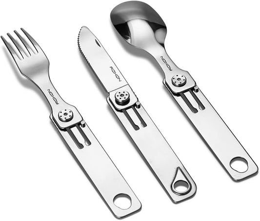 3-in-1 Knife Spoons Fork Camping Utensils Set with Case | Magnetic Folding, Stainless Steel Cutlery, EDC Portable Lightweight Silverware,For Hiking Backpacking Travel Lunchbox Outdoor