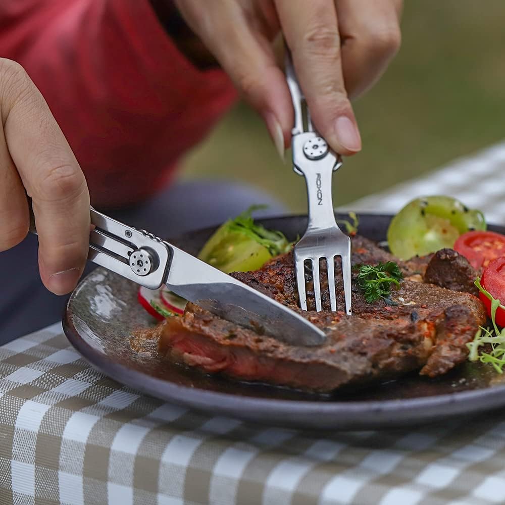 3-in-1 Knife Spoons Fork Camping Utensils Set with Case | Magnetic Folding, Stainless Steel Cutlery, EDC Portable Lightweight Silverware,For Hiking Backpacking Travel Lunchbox Outdoor