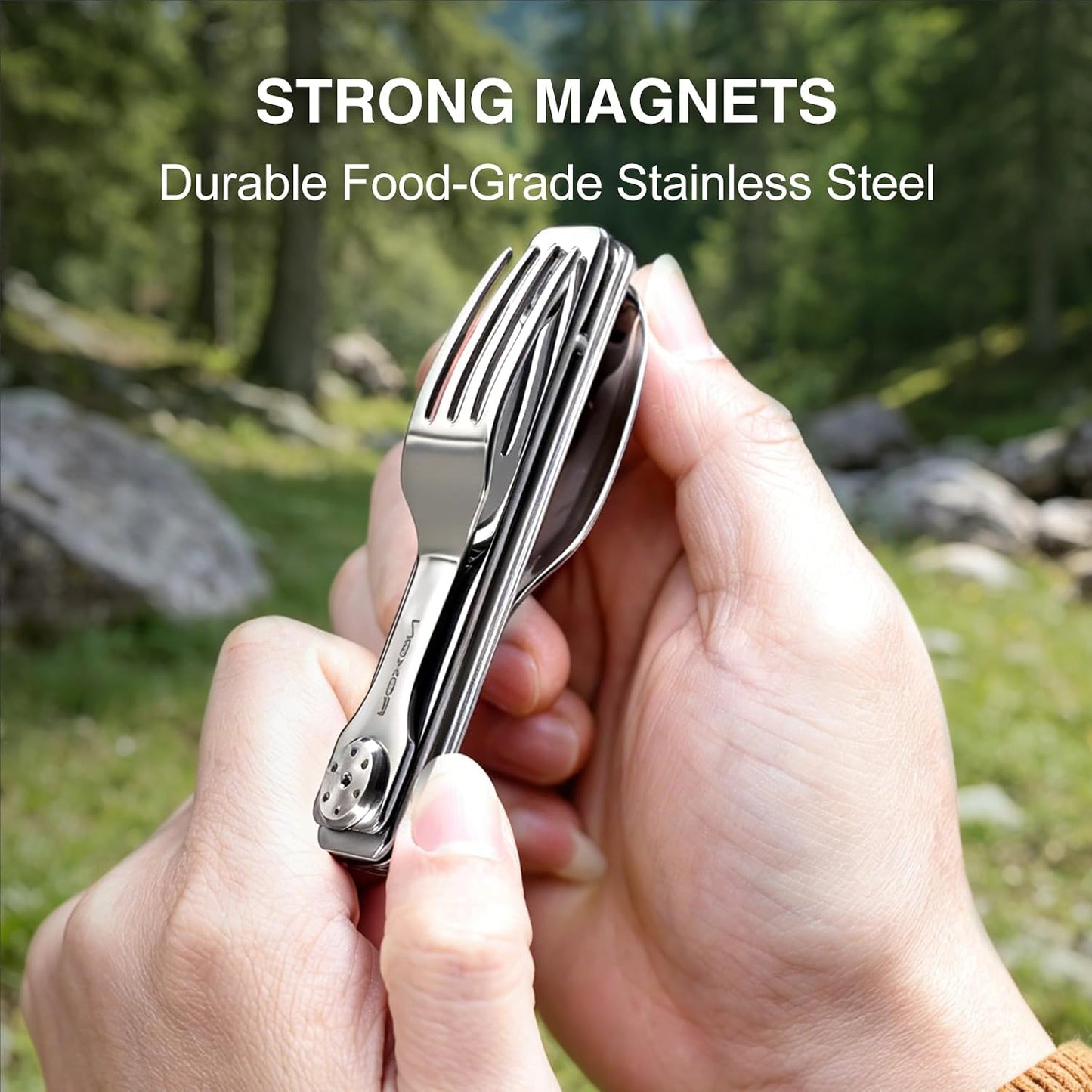 3-in-1 Knife Spoons Fork Camping Utensils Set with Case | Magnetic Folding, Stainless Steel Cutlery, EDC Portable Lightweight Silverware,For Hiking Backpacking Travel Lunchbox Outdoor