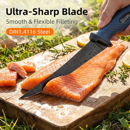 9 Inch Fishing Fillet Knife, Flexible Blade Filet Knifes for fish | German DIN 1.4116 Stainless Steel Blade, Non-Slip Handle, Fish Boning, with Protective Sheaths, Safety Buckle & Belt Clip