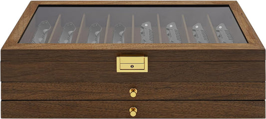 3-Layer Pocket Knife Display Case, 22 Slot Lockable Knife Storage Box | Clear Glass Lid, Wooden Collector Organizer Storage Box for Folding Knives - Walnut Color