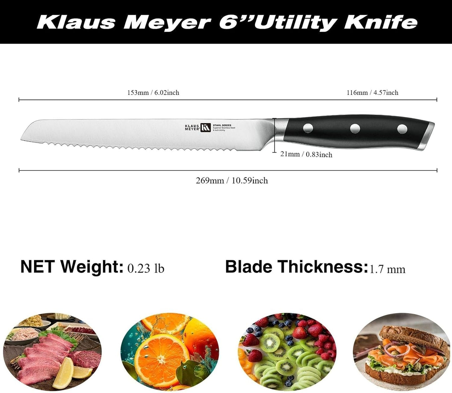 6 Inch Serrated Utility Knife, Bread and Tomato Knife(Black) | High Carbon German Steel, Full Tang, Ultra-Sharp Serrated, Rust-Resistant, Ergonomic ABS Handle, Versatile Usage, Clean Cut
