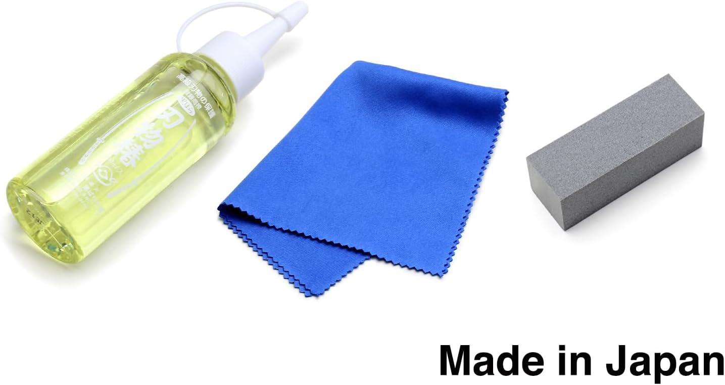 Yoshihiro 100% Pure Tsubaki Japanese Knife Maintenance Oil 3.4 oz & Large Sabitori Rust Erasers Set - Made in Japan
