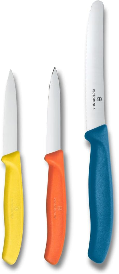 Swiss Classic Paring Knife Set, 3 Pieces, Stainless Steel | Trio of Sharp Straight & Wavy Edge Fruit Peeler Knives, Ergonomic Handles in Yellow, Orange & Blue, Dishwasher Safe