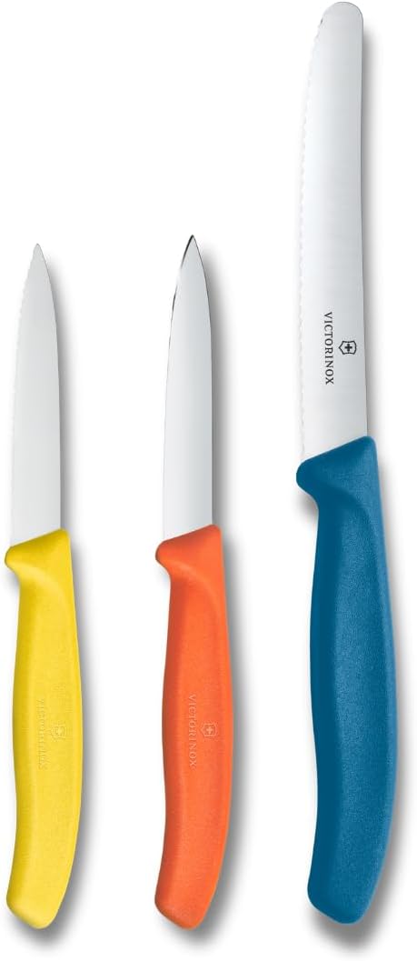 Swiss Classic Paring Knife Set, 3 Pieces, Stainless Steel | Trio of Sharp Straight & Wavy Edge Fruit Peeler Knives, Ergonomic Handles in Yellow, Orange & Blue, Dishwasher Safe