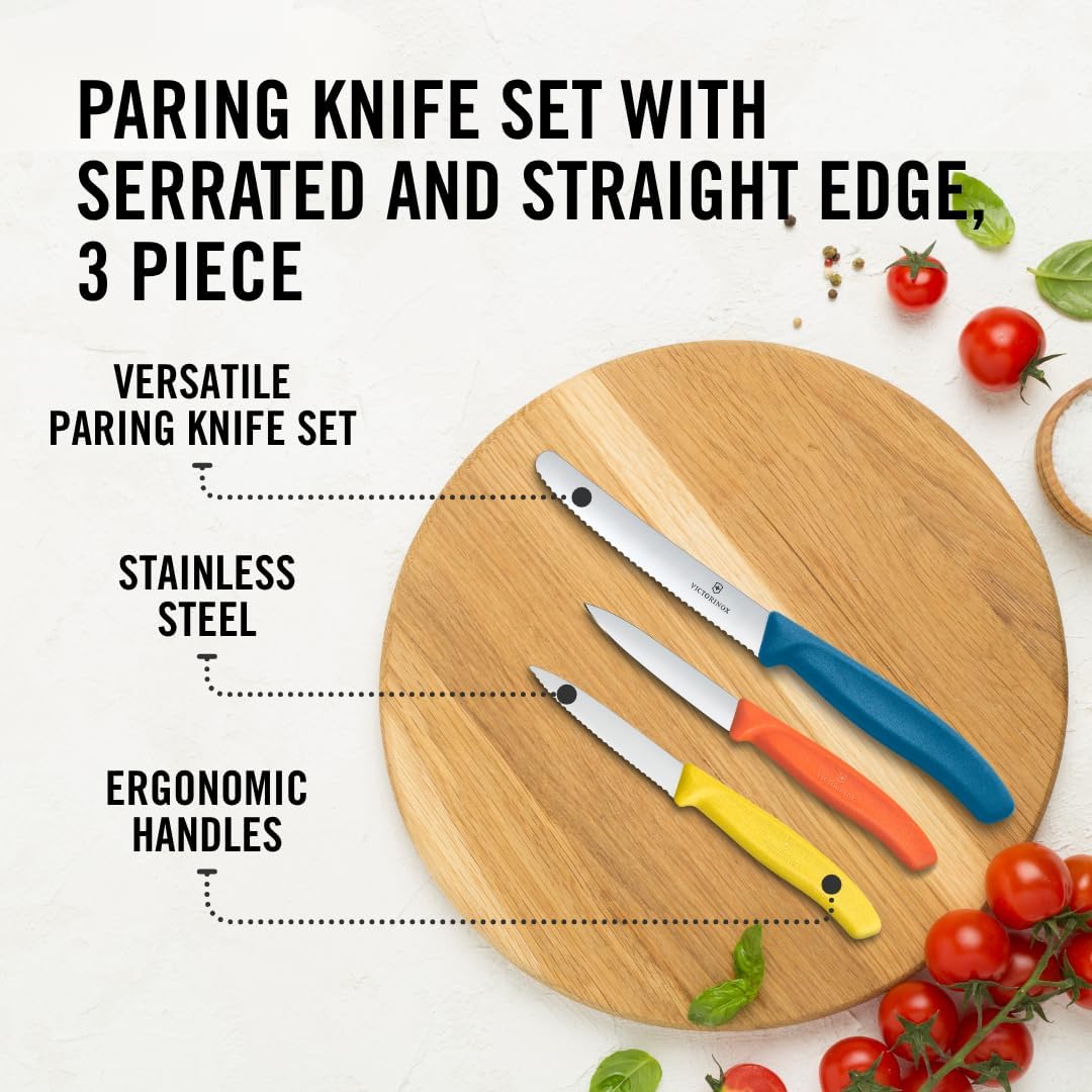 Swiss Classic Paring Knife Set, 3 Pieces, Stainless Steel | Trio of Sharp Straight & Wavy Edge Fruit Peeler Knives, Ergonomic Handles in Yellow, Orange & Blue, Dishwasher Safe