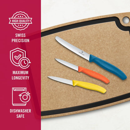 Swiss Classic Paring Knife Set, 3 Pieces, Stainless Steel | Trio of Sharp Straight & Wavy Edge Fruit Peeler Knives, Ergonomic Handles in Yellow, Orange & Blue, Dishwasher Safe