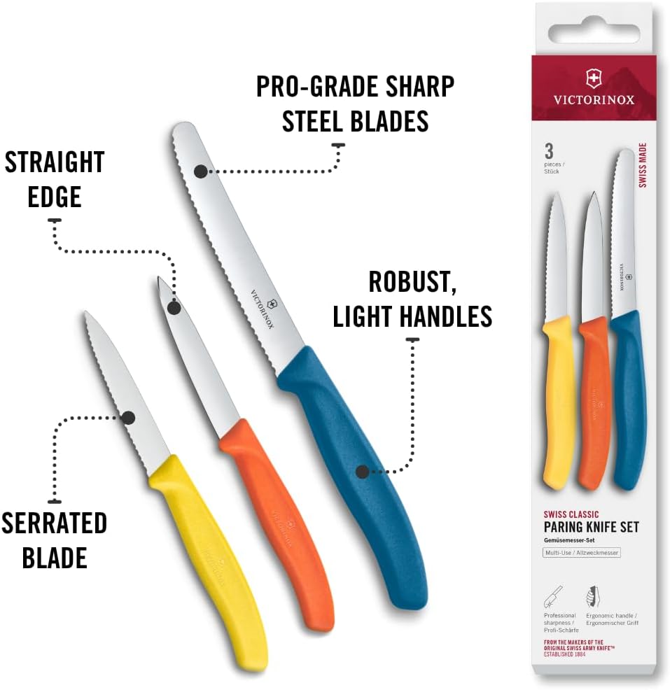 Swiss Classic Paring Knife Set, 3 Pieces, Stainless Steel | Trio of Sharp Straight & Wavy Edge Fruit Peeler Knives, Ergonomic Handles in Yellow, Orange & Blue, Dishwasher Safe