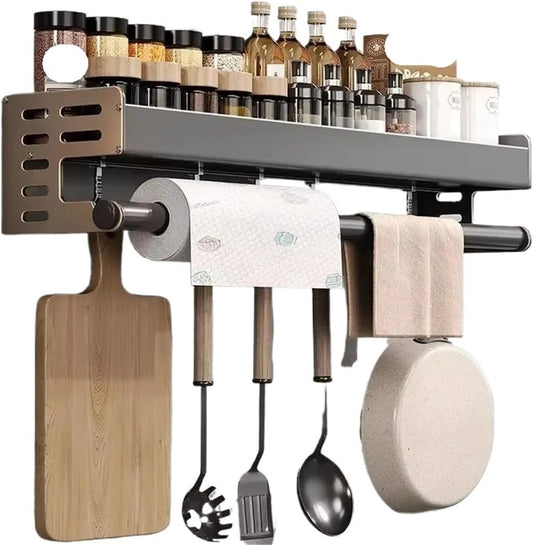 Kitchen Utensil Rack Wall Mounted, Spice Storage Rack, Hanging Storage Rack with Hooks, Cutlery Knife Holder for Knife Spoon Fork Chopsticks Towel (Black)