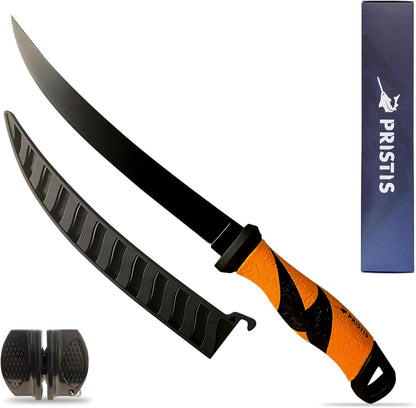 9'' Fillet Knife for Fish, Stainless Steel Teflon Coated Blade with Non-Slip Grip Handle, Filet Knife Tackle with Protective Sheath and Sharpener for Fishing Boning Meat Cutting Kitchen