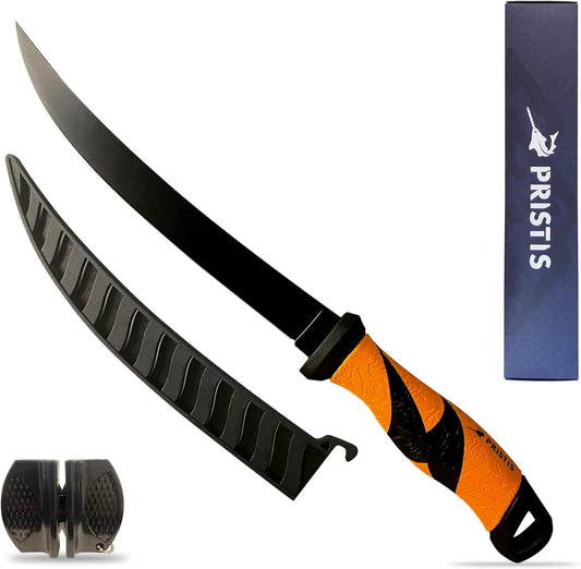 9'' Fillet Knife for Fish, Stainless Steel Teflon Coated Blade with Non-Slip Grip Handle, Filet Knife Tackle with Protective Sheath and Sharpener for Fishing Boning Meat Cutting Kitchen