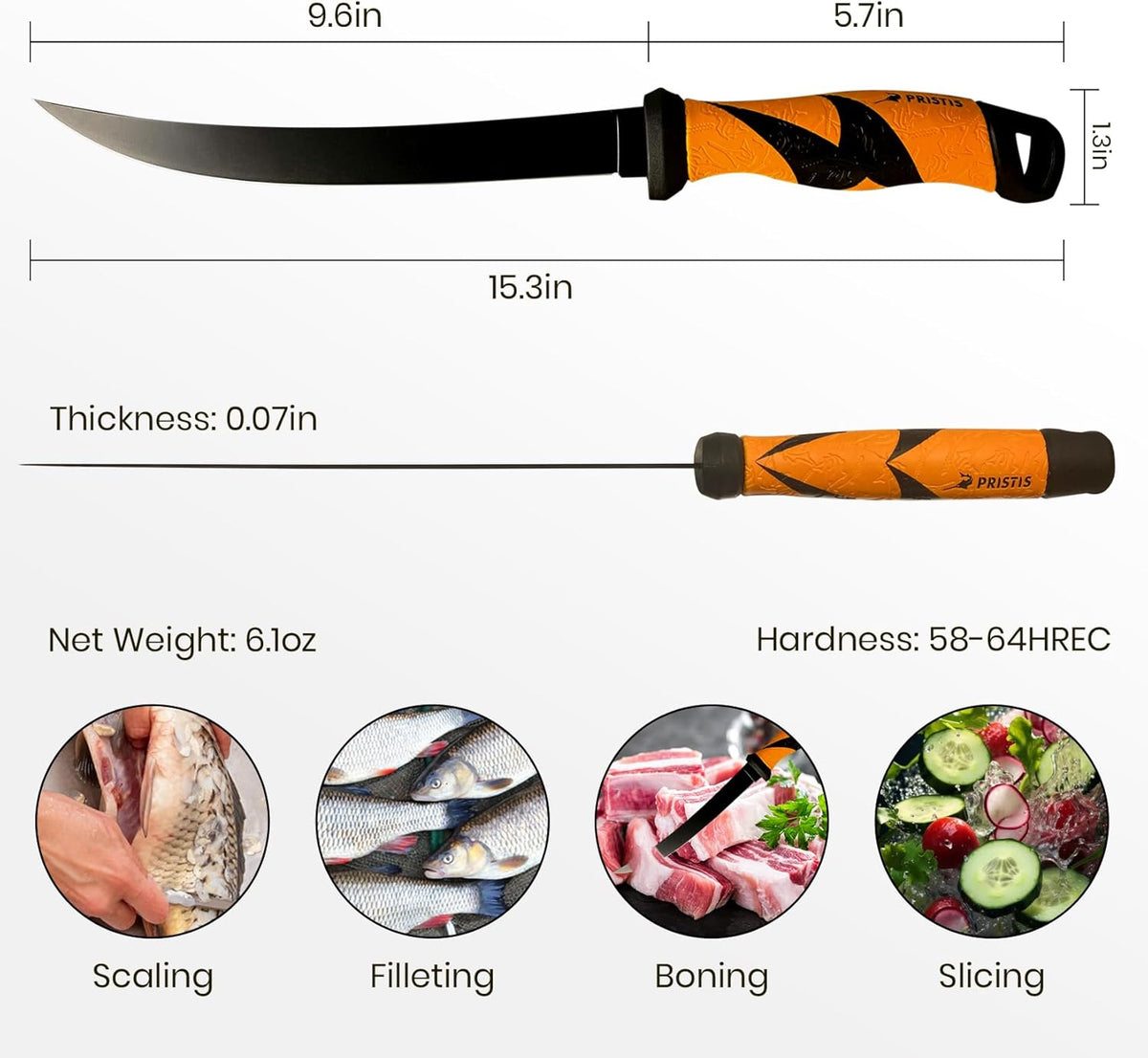 9'' Fillet Knife for Fish, Stainless Steel Teflon Coated Blade with Non-Slip Grip Handle, Filet Knife Tackle with Protective Sheath and Sharpener for Fishing Boning Meat Cutting Kitchen