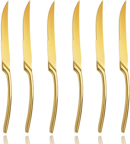 Stainless Steel Steak Knives Set of 6,Forge Steak Knife,Serrated Steak Knives Set,6 Piece Heavy Steak Knives-10 inch,Mirror Polished,Dishwasher Safe (Gold, 6 Pieces Set)