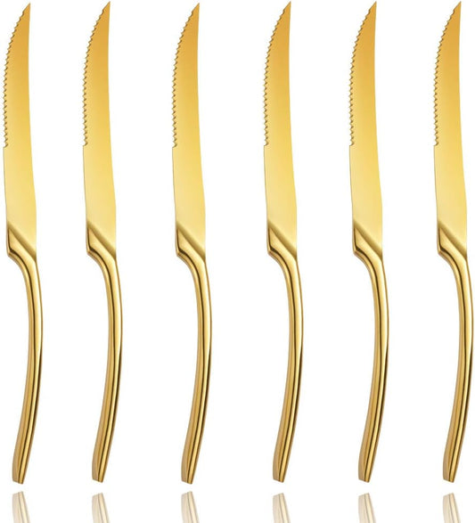 Stainless Steel Steak Knives Set of 6,Forge Steak Knife,Serrated Steak Knives Set,6 Piece Heavy Steak Knives-10 inch,Mirror Polished,Dishwasher Safe (Gold, 6 Pieces Set)