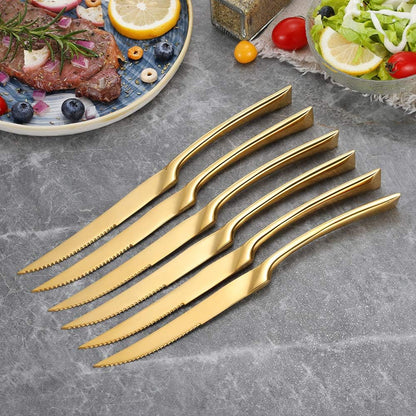 Stainless Steel Steak Knives Set of 6,Forge Steak Knife,Serrated Steak Knives Set,6 Piece Heavy Steak Knives-10 inch,Mirror Polished,Dishwasher Safe (Gold, 6 Pieces Set)