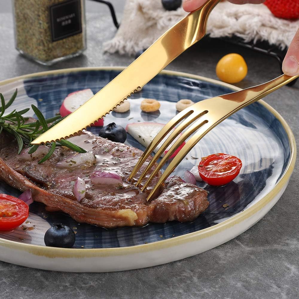 Stainless Steel Steak Knives Set of 6,Forge Steak Knife,Serrated Steak Knives Set,6 Piece Heavy Steak Knives-10 inch,Mirror Polished,Dishwasher Safe (Gold, 6 Pieces Set)