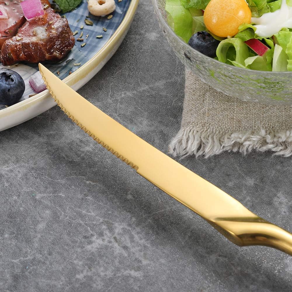 Stainless Steel Steak Knives Set of 6,Forge Steak Knife,Serrated Steak Knives Set,6 Piece Heavy Steak Knives-10 inch,Mirror Polished,Dishwasher Safe (Gold, 6 Pieces Set)